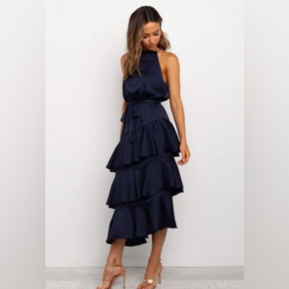 Petal & Pup Dresses & Skirts - Petal & Pup Seychelles Navy Tiered Ruffle Maxi Dress Halter Satin Evening Dress